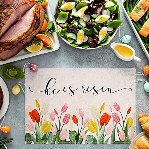 Anydesign Easter Placemats Set Of 6 He Is Risen Table Place Waterproof Tulip Flower Dinner Mat For Easter Spring Holiday Home Kitchen Decor Supplies, 17.9 X 12.2 Inch #TOP4