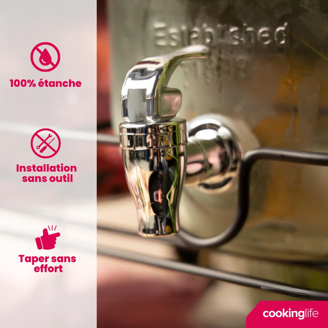 Cookinglife Distributeur de Boissons Double, Verre et Acier, Noir, 2 x 4 litres, avec Support