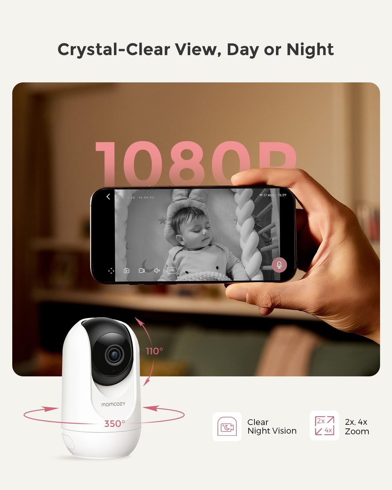 Momcozy BM04 elektroniczna niania z kamerą, Smart WLAN monitor dla niemowląt, ekran 5-1080p, z uchwytem ściennym, rozpoznawaniem ruchu i pisania, strefa bezpieczeństwa, wyraźna widoczność w nocy