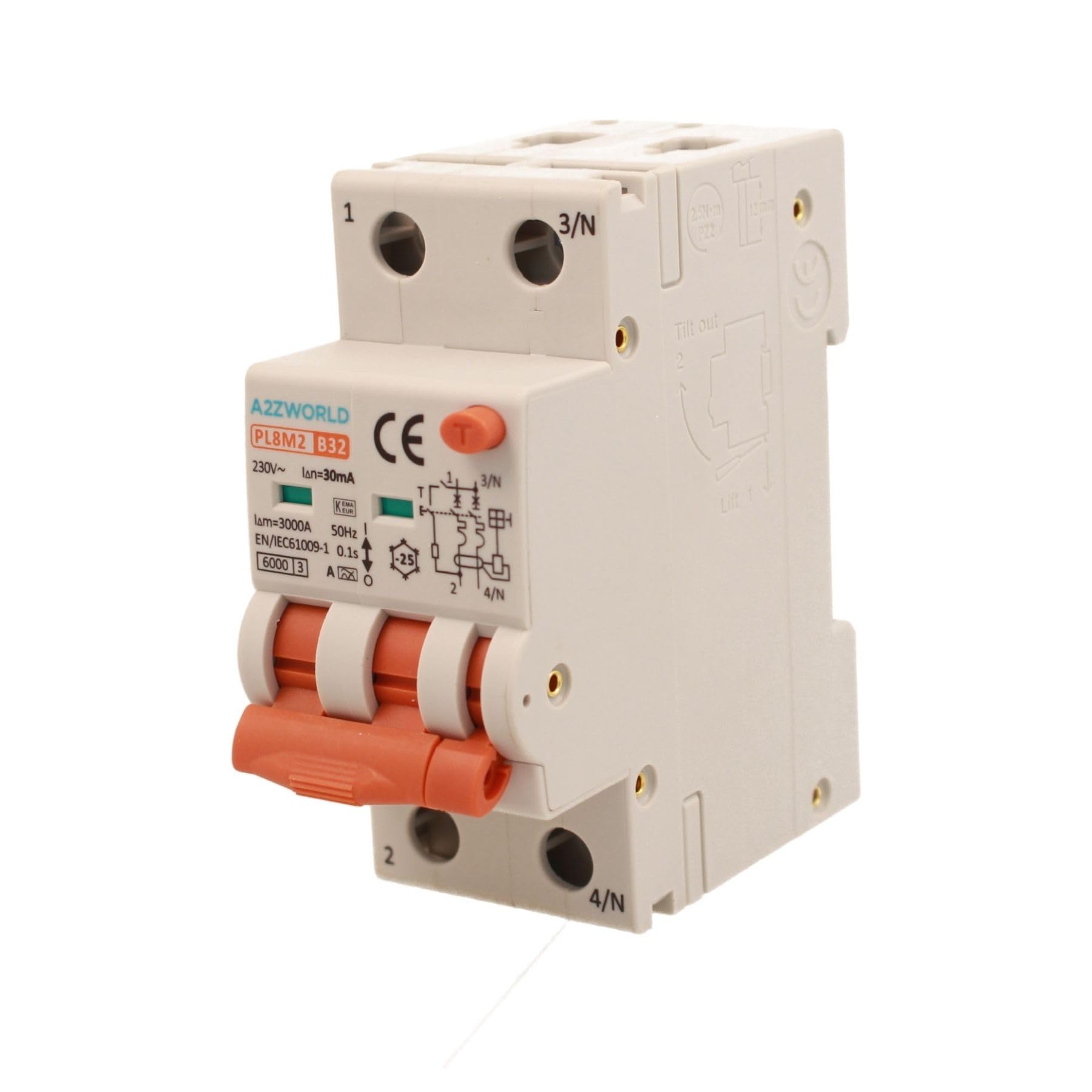 Interrupteur Différentiel Magnétothermique Type A 32A B32, RCBO Bipolaire 2P Vrai (NO 1P+N), Courbe B 6kA 30mA, Double Levier avec Diagnostic Visuel, 2 Modules DIN, Série PL8M2