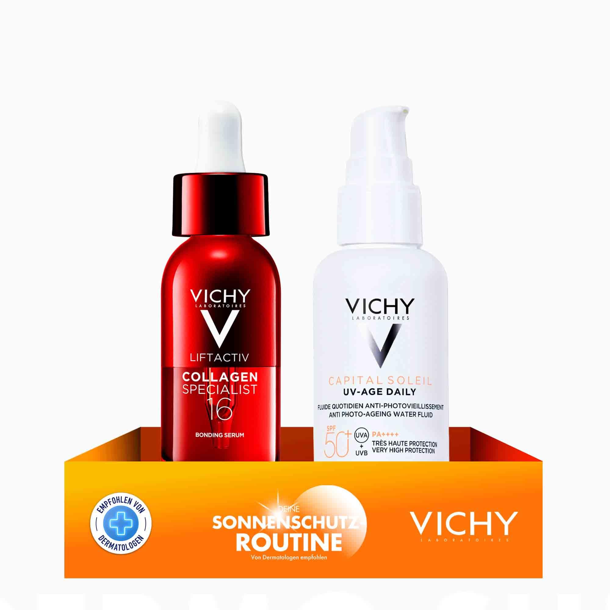 Vichy Set mit Capital Soleil UV Age Daily Fluid und Collagen Specialist 16 Serum, Pflege und Schutz vor lichtbedingter Hautalterung, Mit Peptiden und LSF50+, Für reife Haut, 40 ml + 30 ml