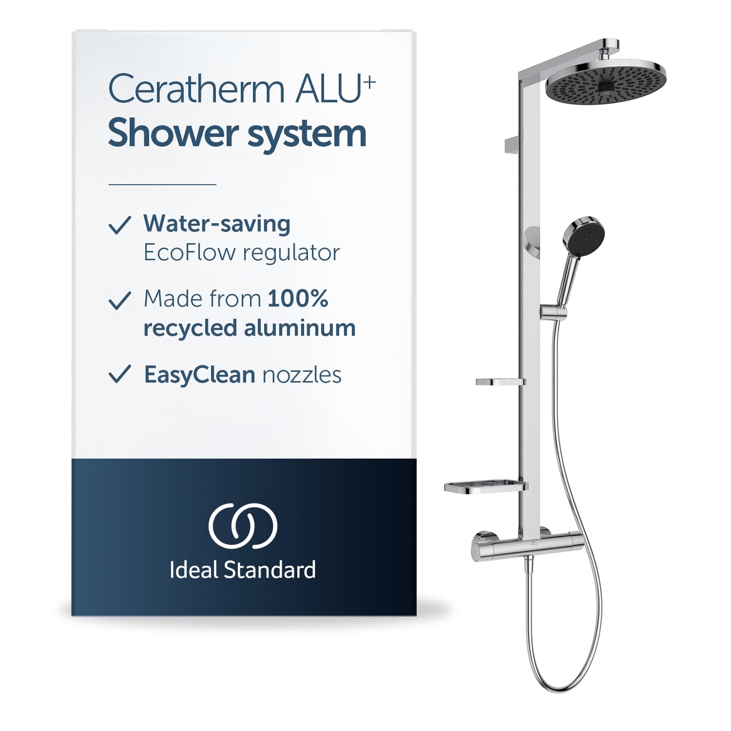 Ideal Standard Ceratherm Alu+ kolumna prysznicowa, wykonana w 100% z aluminium pochodzącego z recyklingu, prysznic oszczędzający wodę ze zmiennymi dyszami i ochroną przed oparzeniami - chrom (356 x