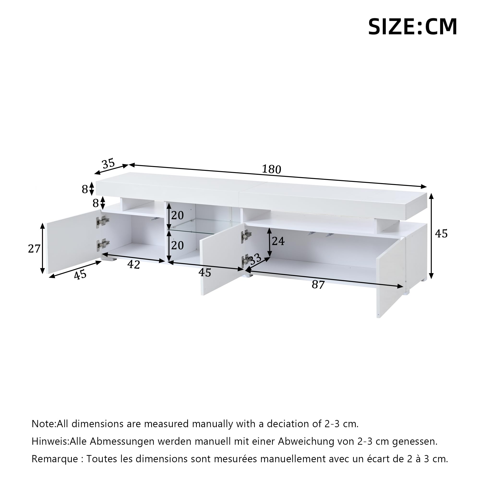 Mueble bajo Moderno LED para televisión, Soporte para TV, Tabla de TV, Equipado con estantes de Cristal Templado Ajustables, Armario de TV de 80 Pulgadas, Color Blanco, 180 cm