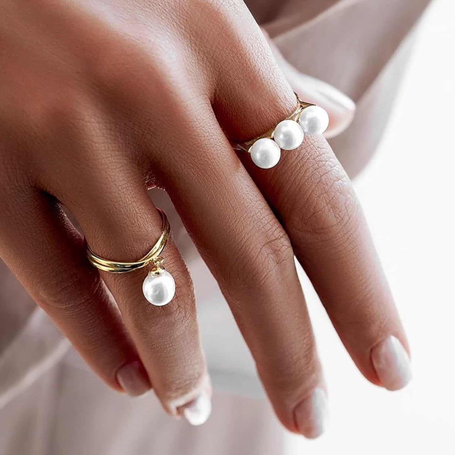 BUAJIUBUA Cute Pearl Rings Set Dangle Ring for Girls Faux