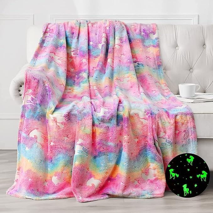 Image of Glow-in-The-Dark Kids Blanket a€ inch Polar Fleece Soft Lightweight Single Bed Blanket with Unicorn Jacquard Print, Multicolor (Rainbow)