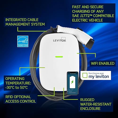 Miniatura 6 de Leviton Cargador inteligente de nivel 2 para vehículos eléctricos con Wi-Fi, 48 amperios, 208240 VAC, salida de 11.6 kW, cable de 18 pies, estación