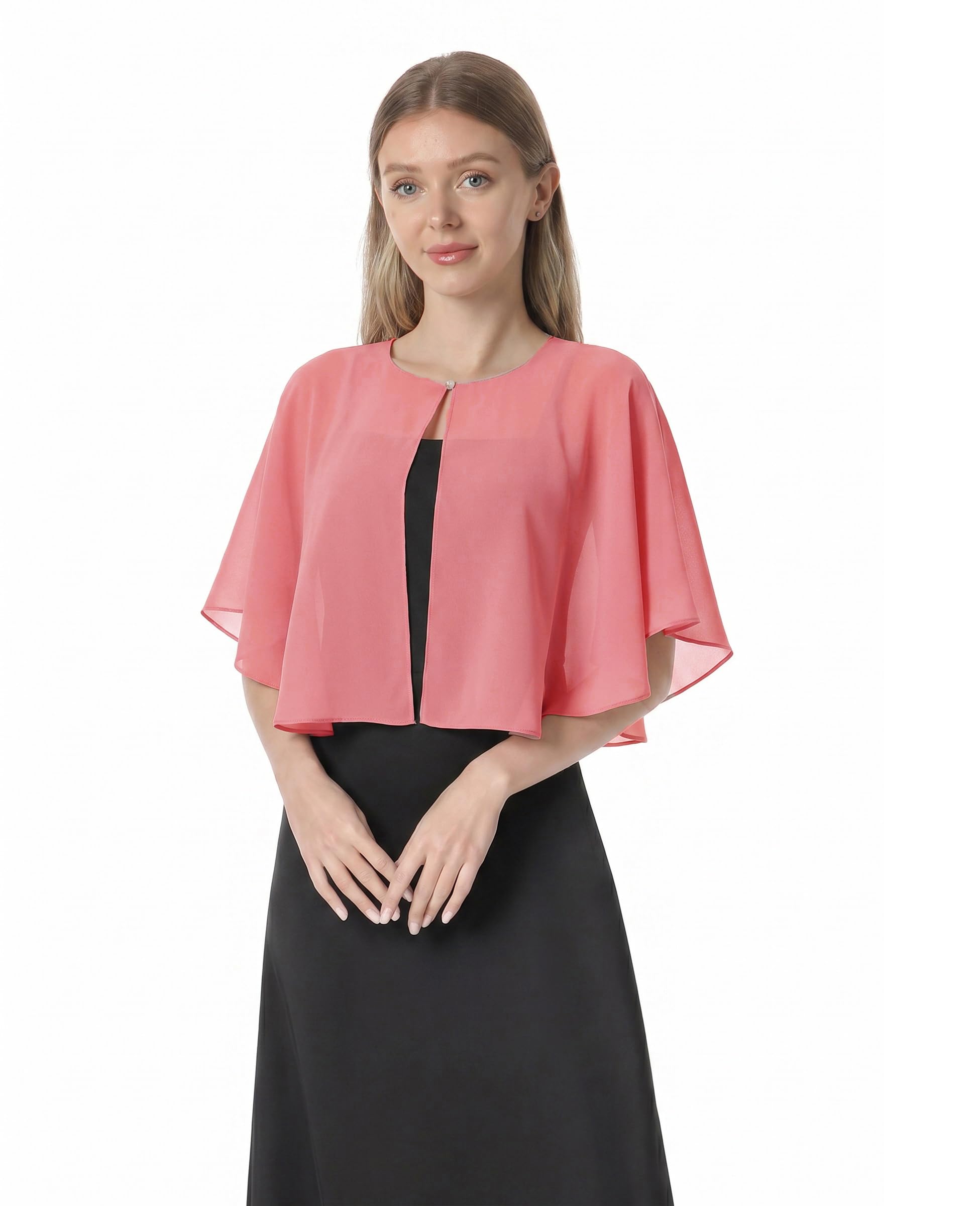 Soft Capelets capes Shawls and Wraps for Dress Chiffon Shrug Wedding Cape Cover Up, Coral, One Size