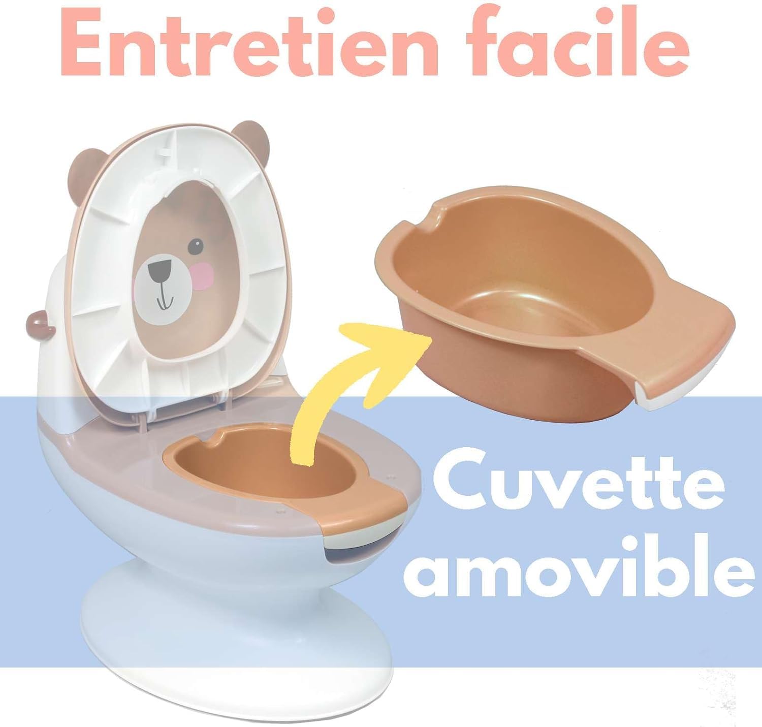 Bambisol – Pot Éducatif Bébé, Mini Toilettes avec Chasse d’Eau Sonore, Cuvette Amovible, Protection Anti-Projection, Compartiment Lingettes – Dès 12 Mois (20 kg max) - Marron