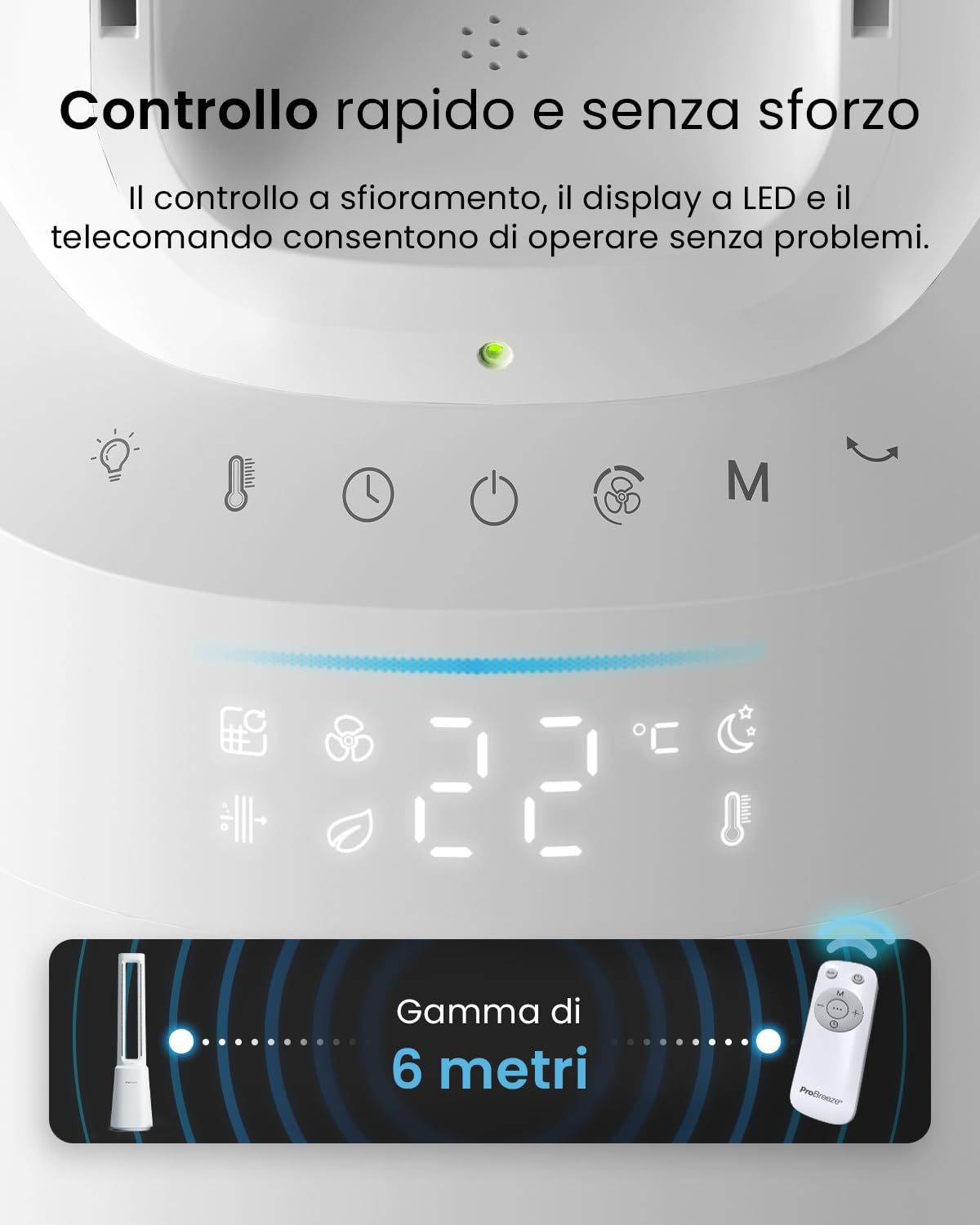 Pro Breeze OmniAir Ventilatore a Torre Senza Lama 105,6 cm con Purificatore d'Aria, Ultra Silenzioso, Telecomando, Filtro HEPA, Display LED, 10 Velocità, 5 Modalità, Oscillazione 75°