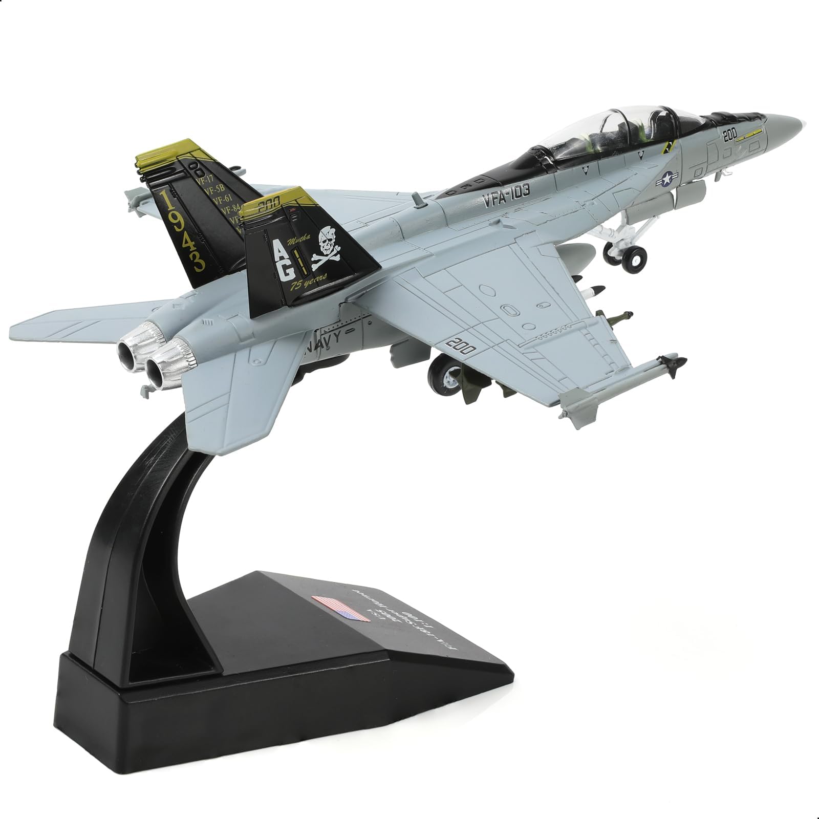 NUOTIE F/A-18 Super Hornet Diecast Metal Fighter Jet Model 1/100 Scale Jolly Roger Squadron Replica Military Aircraft Collectible for Veterans and Aviation Enthusiasts