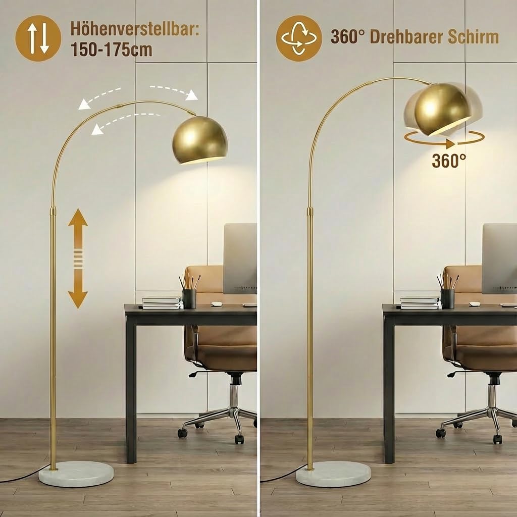 Stehlampe Wohnzimmer Dimmbar Gold, Modern Glockenschirm Design LED Stehleuchte mit Fernbedienung, Timer, 3 Lichtmodi und Speicherfunktion, 175cm Höhenverstellbar Bogenlampe Fußschalter Schlafzimmer