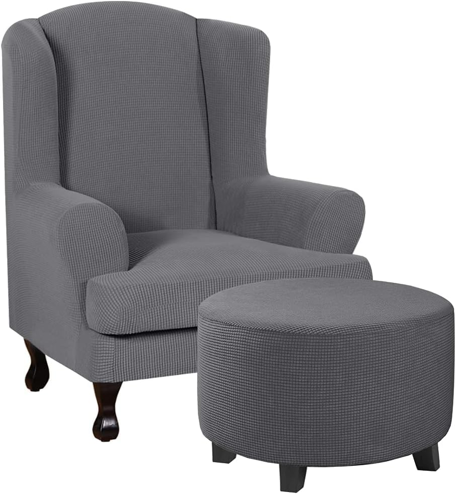 H.VERSAILTEX 2 Piece Wing Chair Covers Bundles Round Ottoman Slipcover(Medium, Gray)