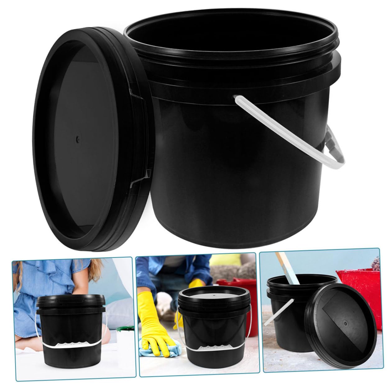 Cubo de Plástico con Tapa y Asa, 10l, Negro para Pintura | Recipiente Reutilizable de Pp, Boca Ancha, para Almacenar y Transportar Líquidos, Uso Profesional