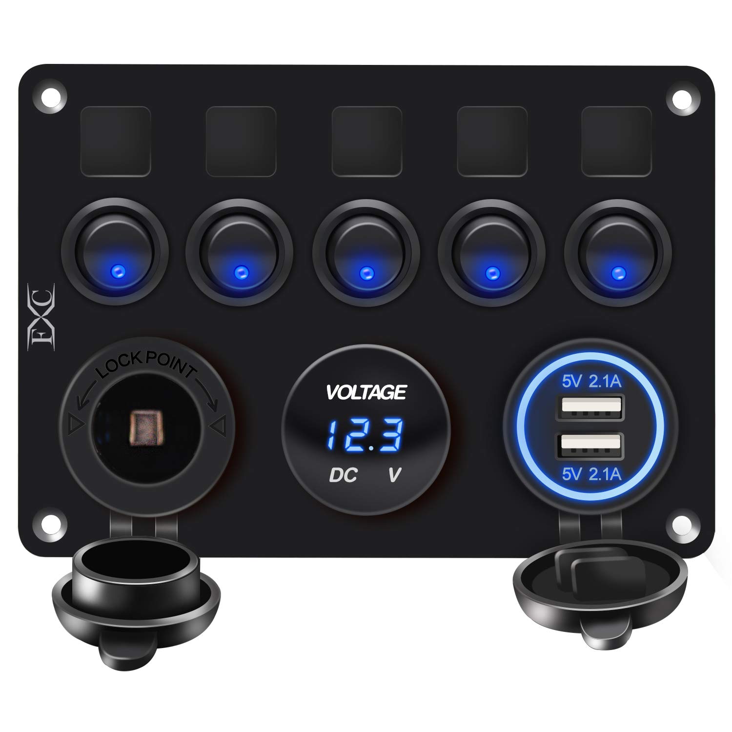 FXC 5 Gang Rocker Switch Panel with Dual USB Slot Socket 5V 4.2A + Cigarette Lighter + Voltmeter for Marine Boat Car Rv Vehicles Truck 12-24V Waterproof Blue LED (5B Blue)