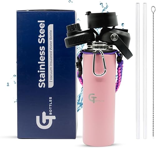 Miniatura 27 de Botella de agua de boca ancha aislada al vacío de acero inoxidable de 25 onzas con 3 tapas y mango de paracaídas para bebidas calientes y frías