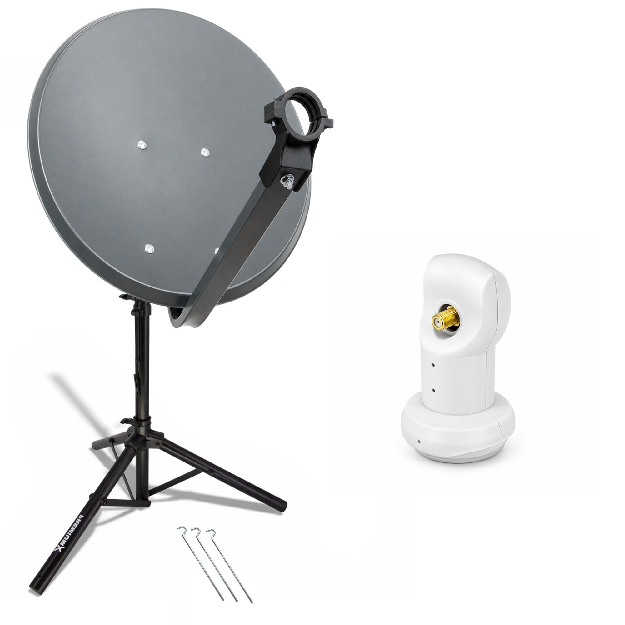 Premium X Camping Satelliten-Komplettanlage 80cm Satellitenschüssel Anthrazit SAT Single LNB Dreibein-Stativ inkl. 3x Heringe