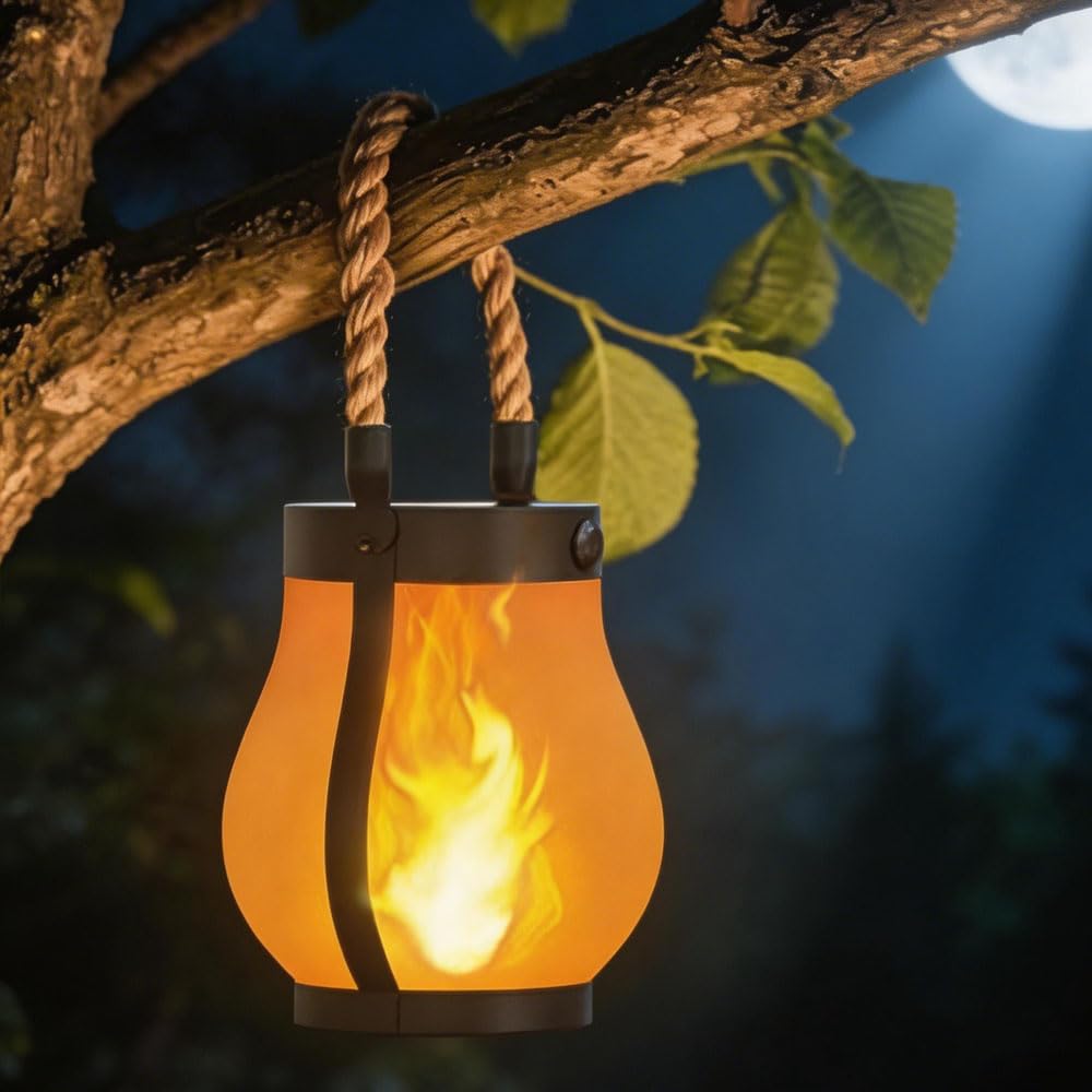 Nzkeuf Solar Lantern Outdoor,Dancing Flame Garden Lantern, Outdoor Lights with 2 Modes Dual Charging USB & Solar Powered, Waterproof Hemp Rope Hanging for Garden Yard Decor (1 Pcs)