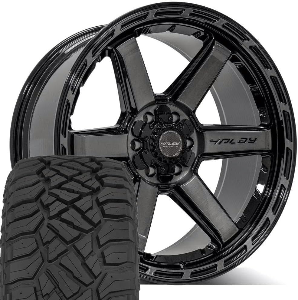 4PLAY Wheels 4P63 22 Inch Rims and Tires Fit 6x135 & 6x139.7 22x10 Gloss Black Brushed with Tinted Clear - TerraMax RT 33x12.50/22 (Set of 4)
