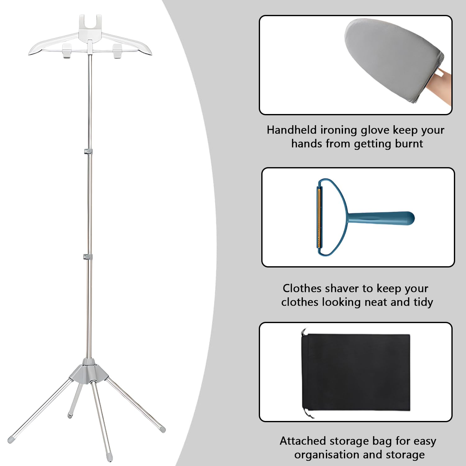 Percha para plancha de vapor, soporte ajustable para plancha de vapor de mano con guante para planchar y quitapelusas, perchero telescópico con trípode (Gris)