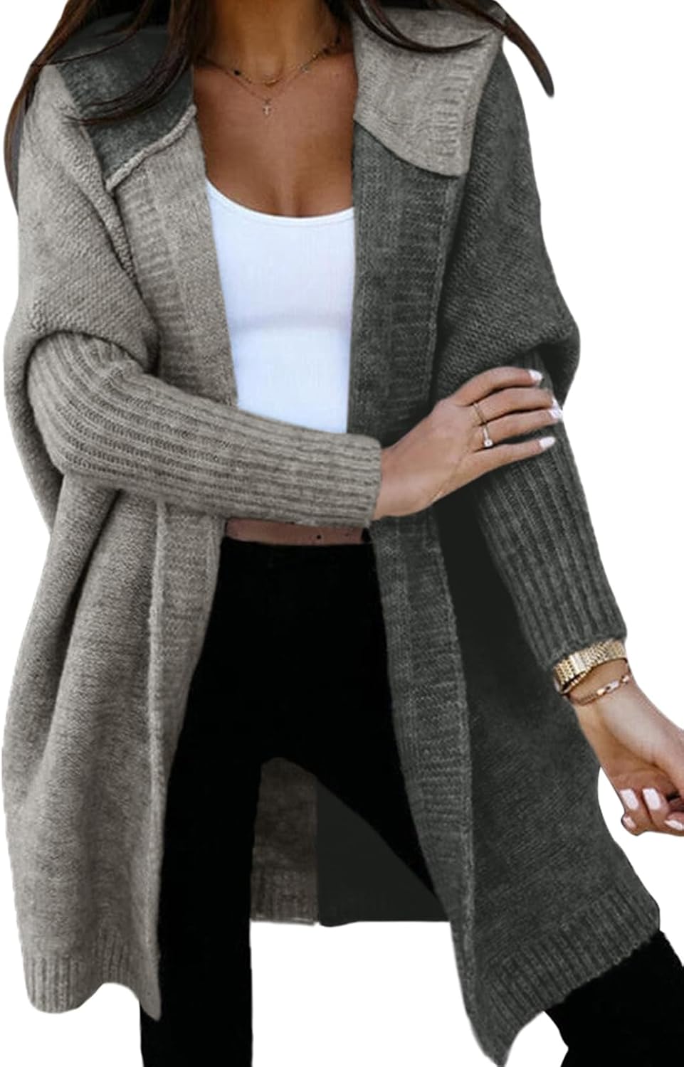 Astylish Women 2025 Fall Outfits Open Front Long Sleeve Hooded Knit Cardigan Sweaters Color Block Outwear Coats