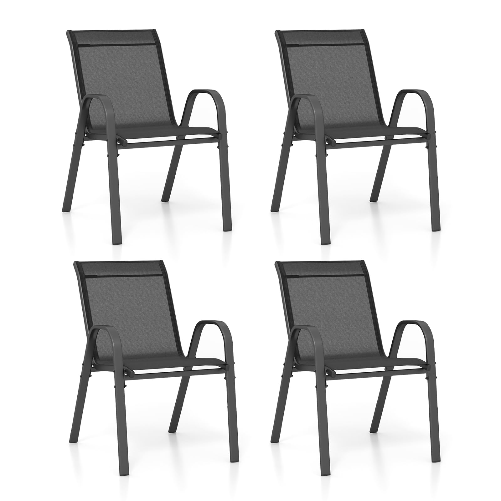 KOMFOTTEU Set di 2/4 Sedie da Giardino, Sedie Impilabili da Esterno in Tessuto con Telaio in Metallo, Poltrona da Balcone con Braccioli e Schienale Alto, per Sala da Pranzo, Carico 150 kg (Nero*4)