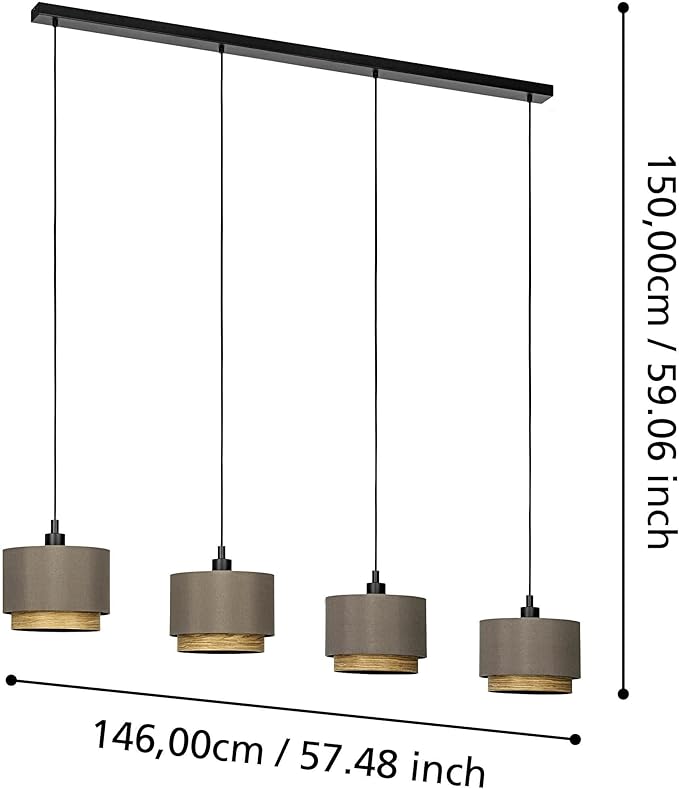 Eglo EGLO Marchena Hanglamp voor eettafel, 4-lichts hanglamp voor woonkamer en eetkamer, eetkamerlamp van textiel in Cappuchino en hout in eikenlook, lamp hangend met E27-fitting photo 3