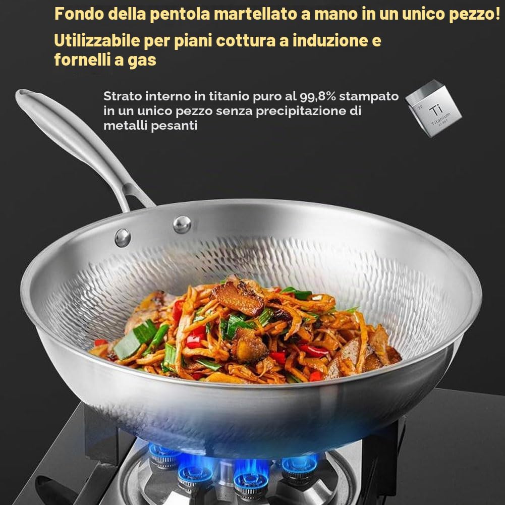 Padella Antiaderente, Wok Non Rivestito Martellato A Mano in Titanio Puro, Pentola A Induzione, Riscaldamento Uniforme, Facile da Pulire, Adatto A Fornelli A Induzione, Fornelli A Gas ECC.