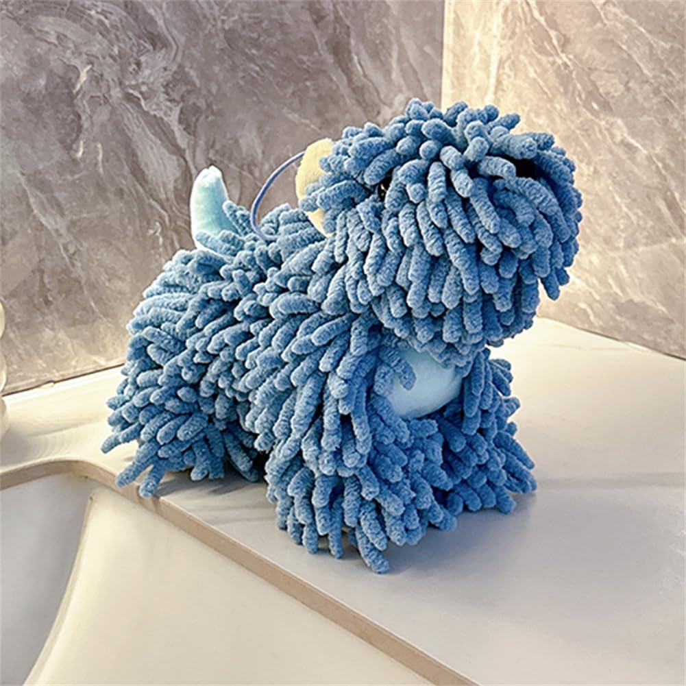Chenille Hand Towel - Cute Cartoon Dog Plush Fuzzy Ball Hand Towel, Super Absorbent Hanging Kitchen & Bathroom Towels for Kids, Soft Hand Drying Puff for Bath, Washstand (Blue)