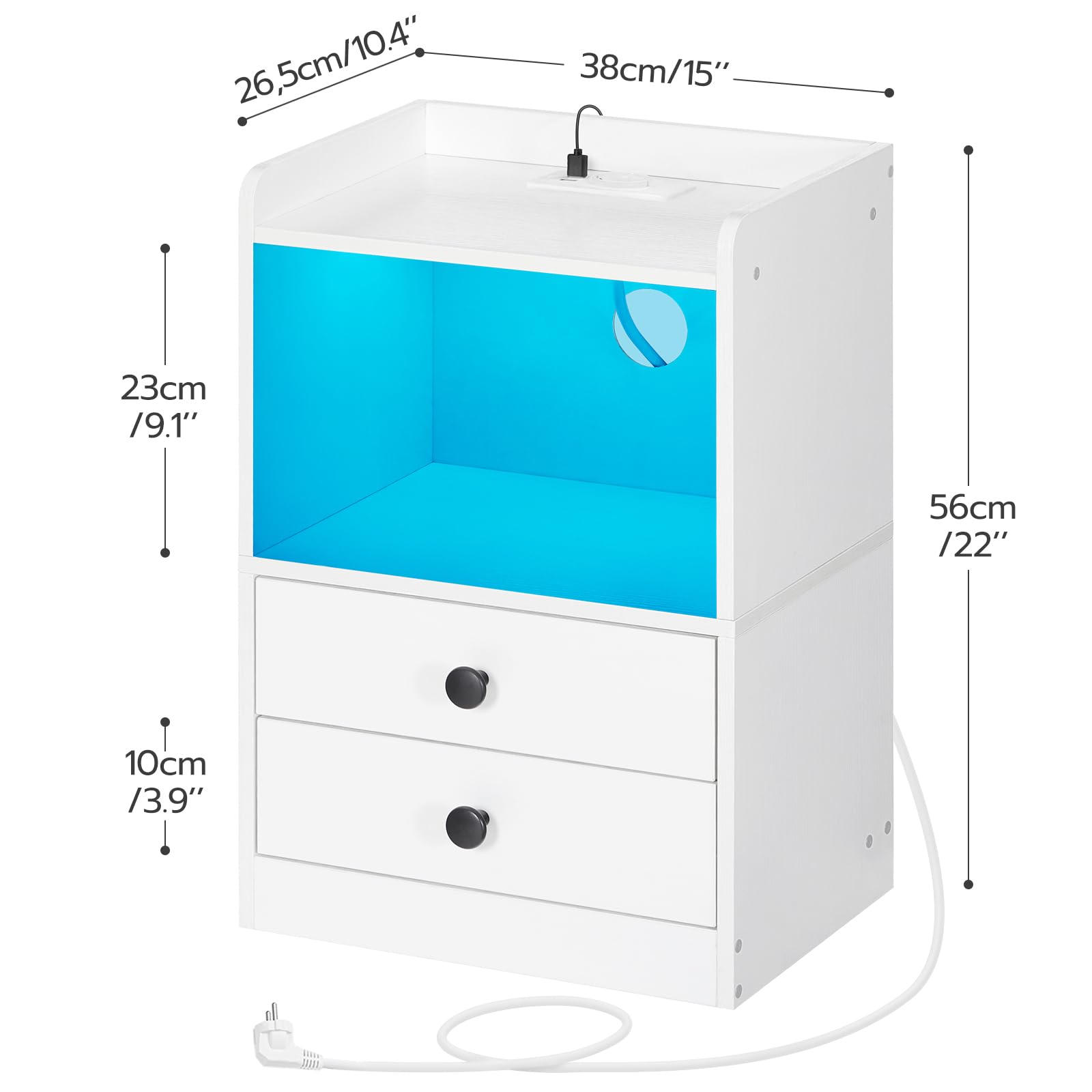 HOOBRO Comodino con Striscia LED, Tavolino con Stazione di Ricarica, 2 Cassetti, Portaoggetti con Luce Regolabile, per Camera da Letto, Soggiorno, Stile Moderno, Bianco EWT28CDBZ01