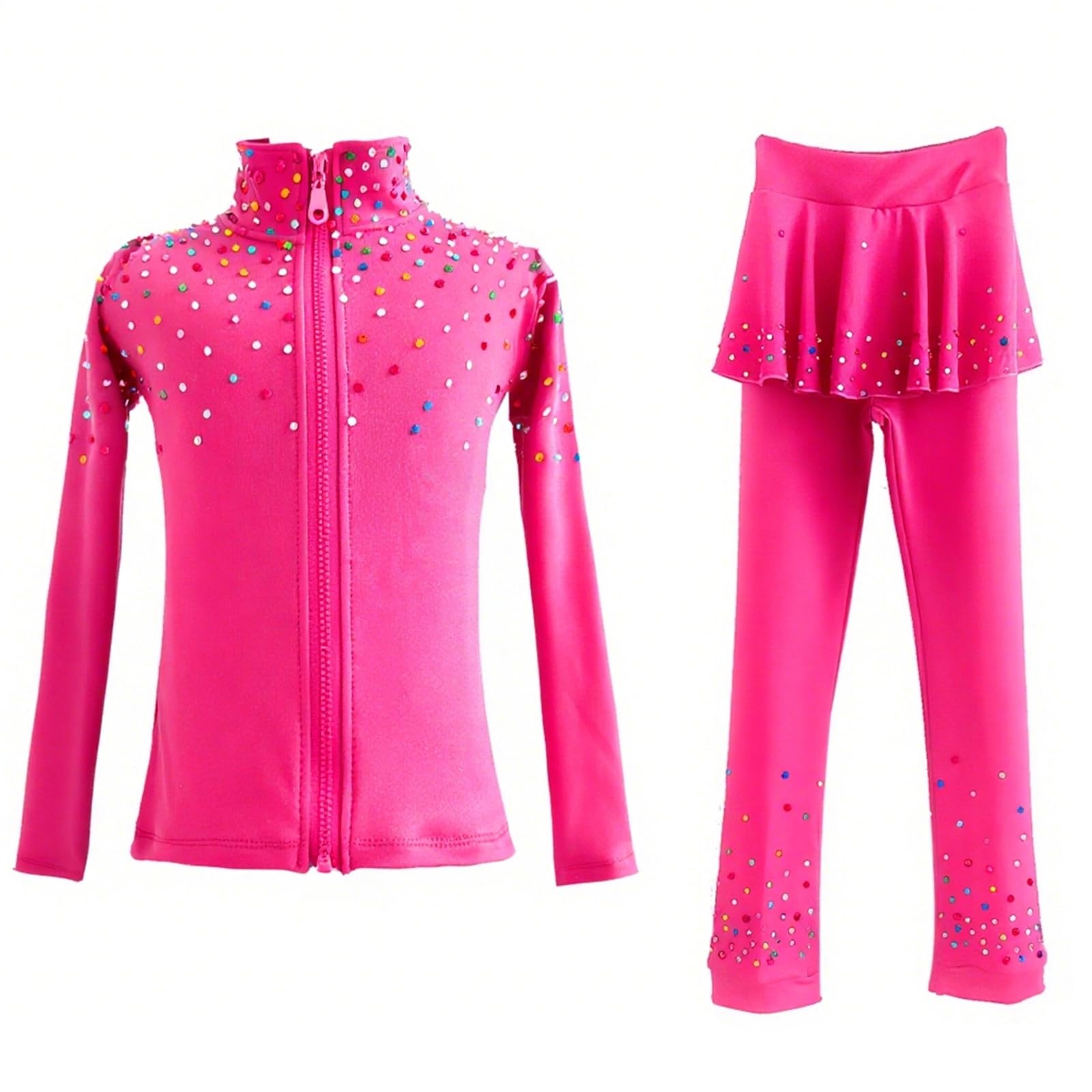 Eiskunstlauf Trainingsanzug-Set, Eiskleid-Set mit bunten Strasssteinen und Rockdesign für Kinder und Erwachsene