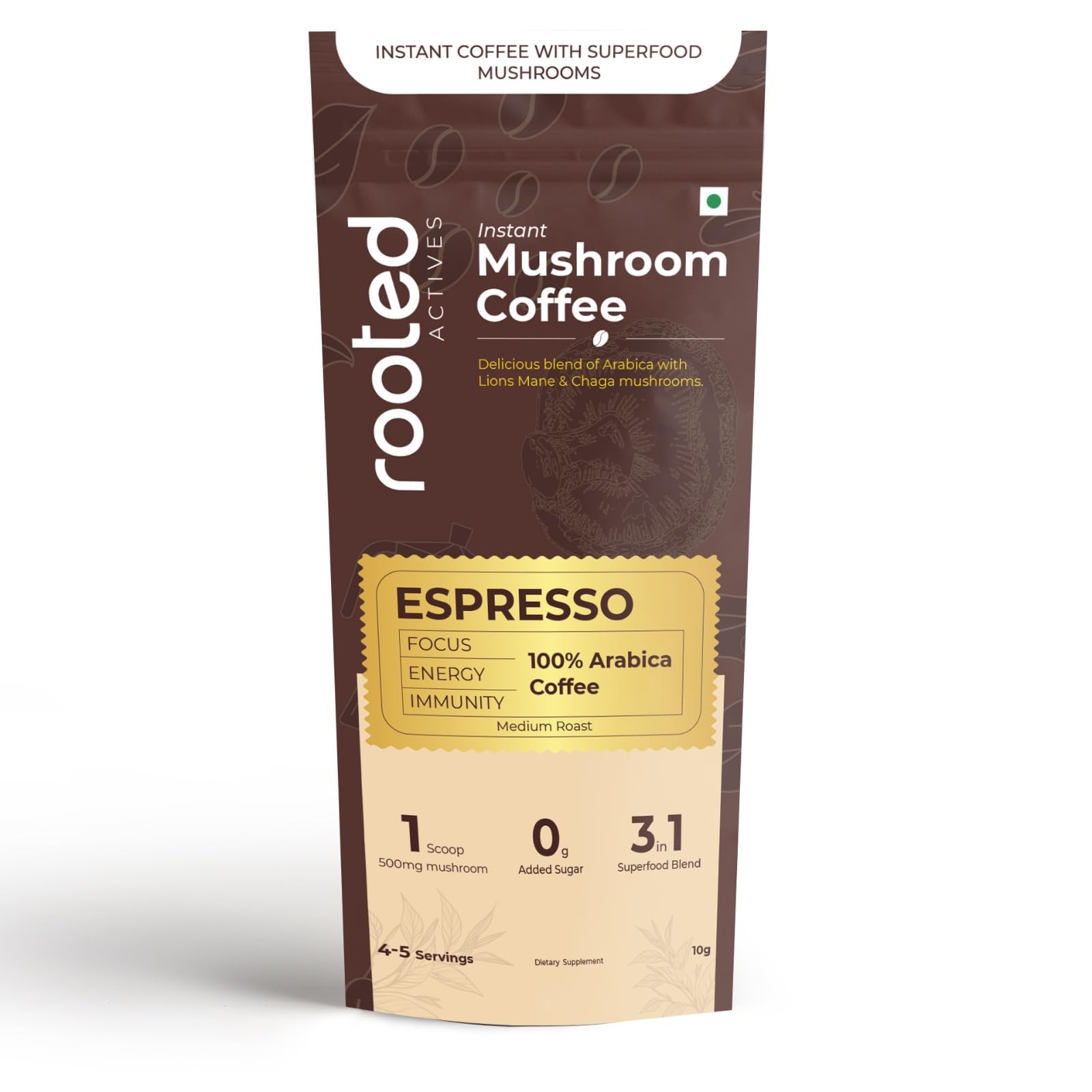 Rooted Actives Instant Mushroom Coffee, Espresso, 100% Arabica with Lions Mane and Chaga Mushrooms, Medium Roast, 10g Sample Pouch-picture-26