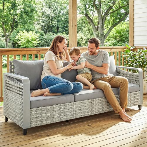 Outsunny 3-Seater Rattan Wicker Sofa with Cushions, Rattan Outdoor Patio Sofa with Wide Armrests, Wicker Outdoor Couch for Porch, Garden, Backyard, Grey — view 8