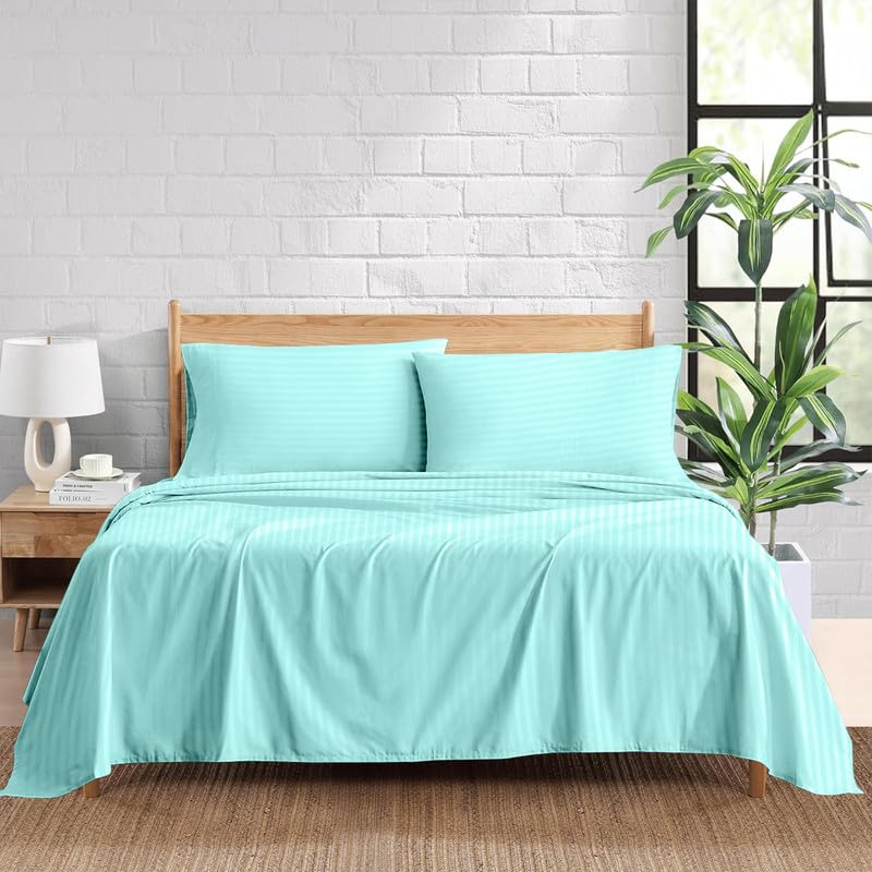 SKS Linen- 500 Thread Count Aqua Blue Stripe(Twin XL) Bed-Sheet Set-Highly Breathable 100% Egyptian Cotton, Woven Stripe 4 Piece 15''Inch Deep Pocket