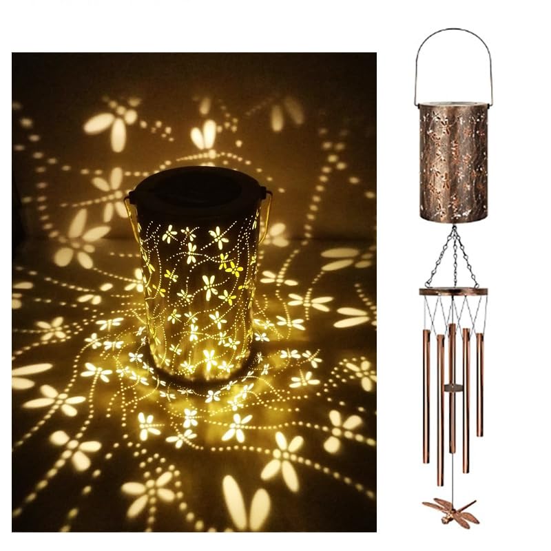 YZYOE Cute Solar Powered Dragonflys Lantern Wind Chime Decorative Light, Iron Art Dragonflys Lantern Wind Chime, A Portable LED Outdoor Decorative Light Gift for Friends.