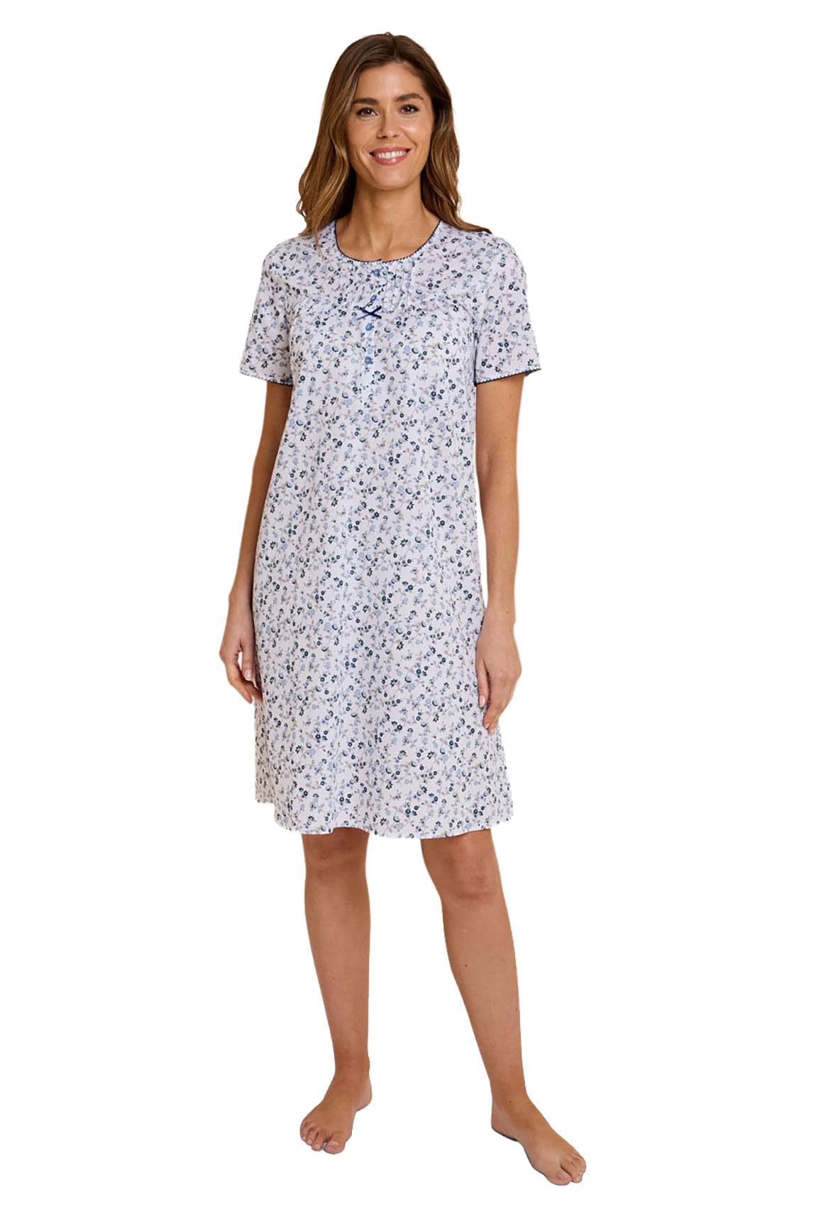 Amber Ladies Short Sleeve Printed Nightdress Ditsy Floral Woven Fabric Button Front Placket Polycotton Sleepwear Sizes 10-24 Length 40in Blue 10-12