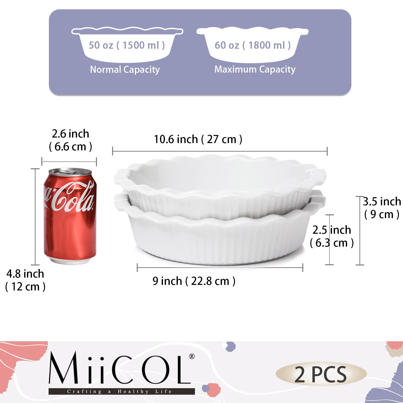 Miicol Plat à Tarte Céramique 23 cm, Moule à Quiche Profond Blanc 2 pièces