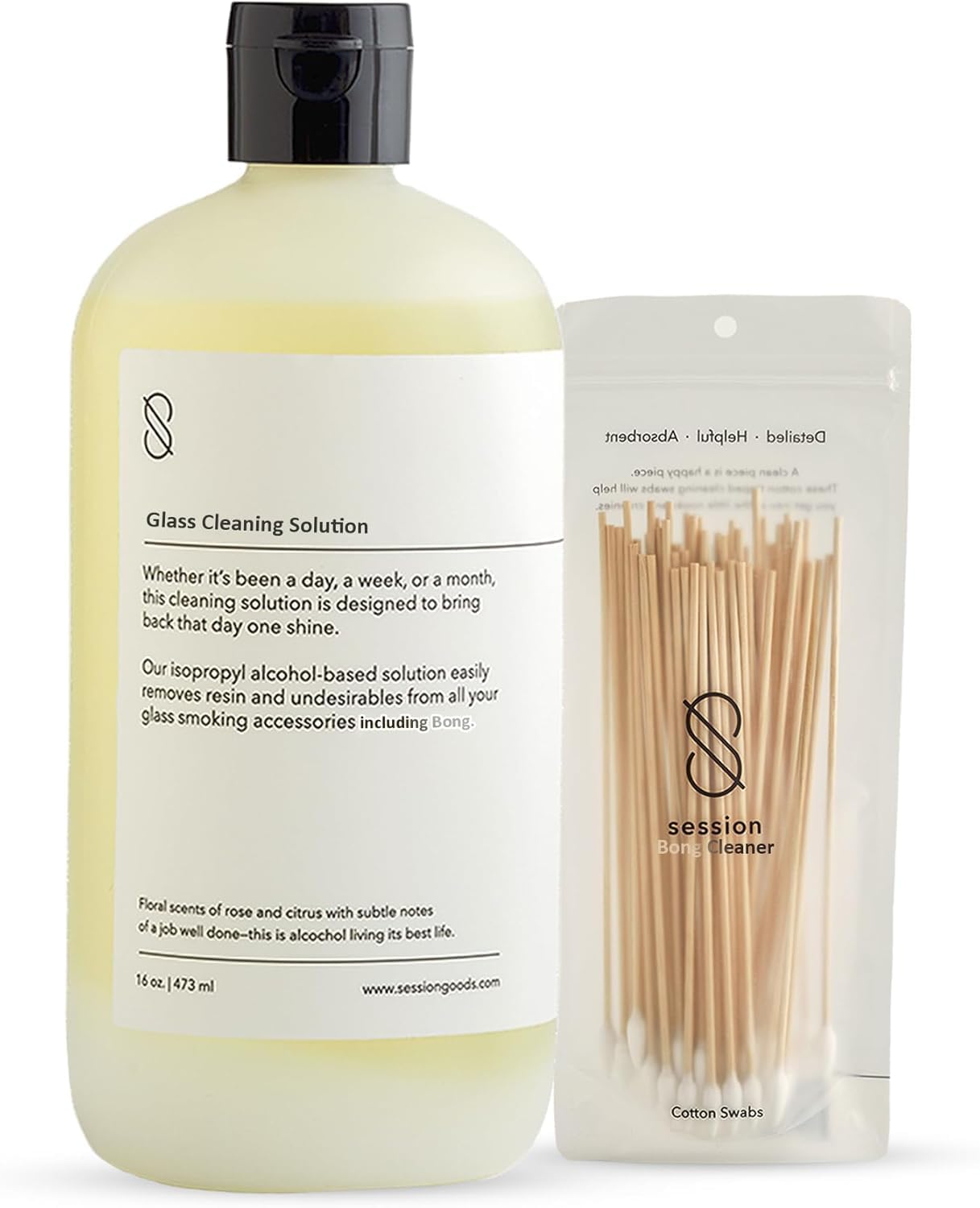 Session Goods Glass Cleaning Solution 16Oz (Scented) - Glass Pipe Cleaner with Cotton Swabs, Water Pipe Cleaner Cleans Metal, Silicone, Ceramic, & Resin Remover, Destroy Wax, Oil & Stinky Debris