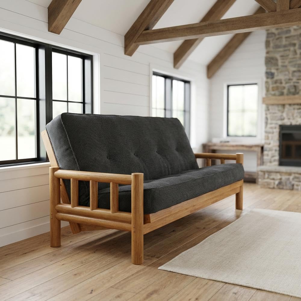 Starlight Canyon Home Light Grey Futon, 100% Polyester Fabric, Natural Wood Frame, Hand Tufted Mattress, Cotton/Foam Fill, Stylish