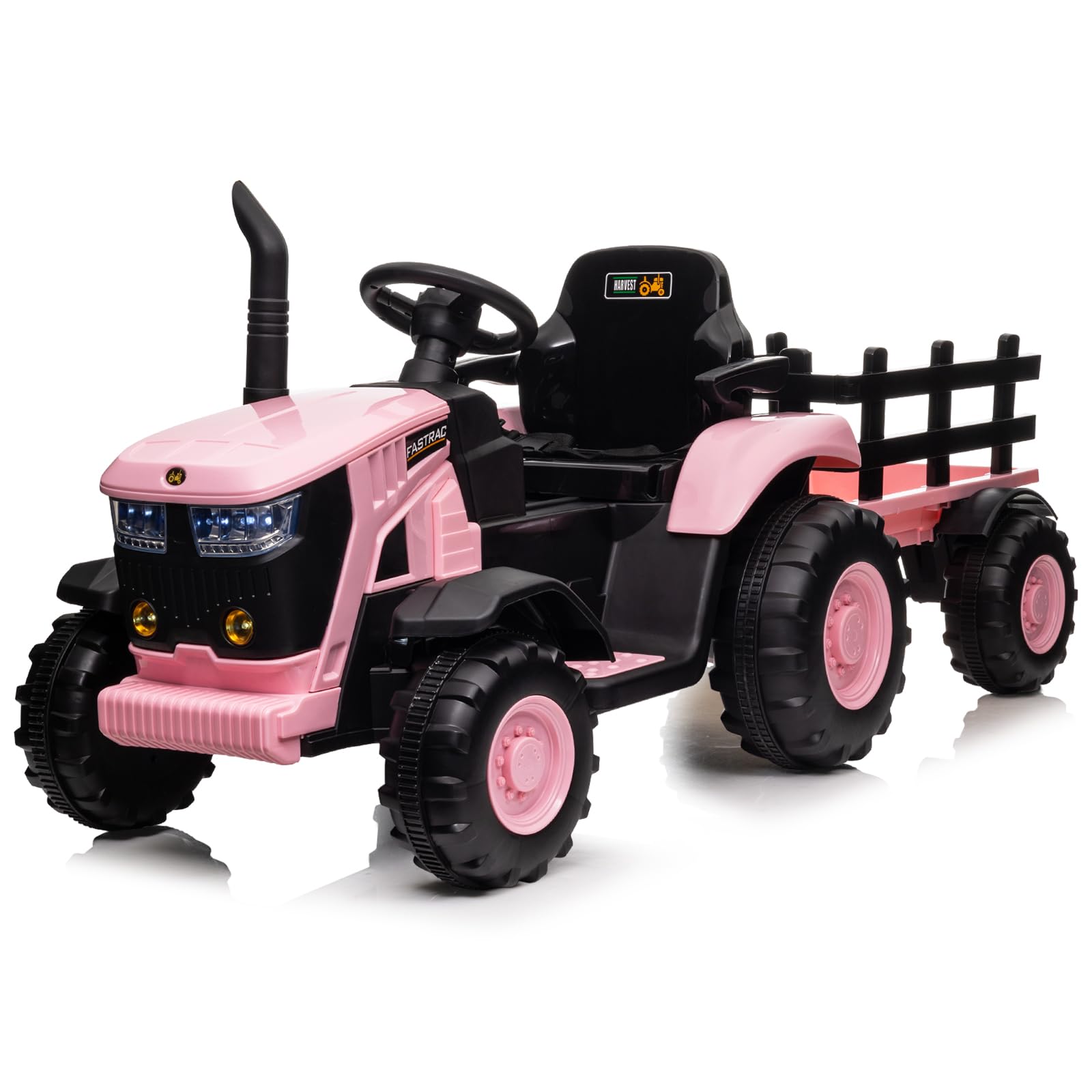 Aptliton Kids Ride on Tractor with Detachable Trailer, 12V Battery Powered Electric Tractor with Remote Control, Dual Motors, Horn, Music/USB, 7 LED Lights, Ride on Toy Car for Ages 3+ (Pink)