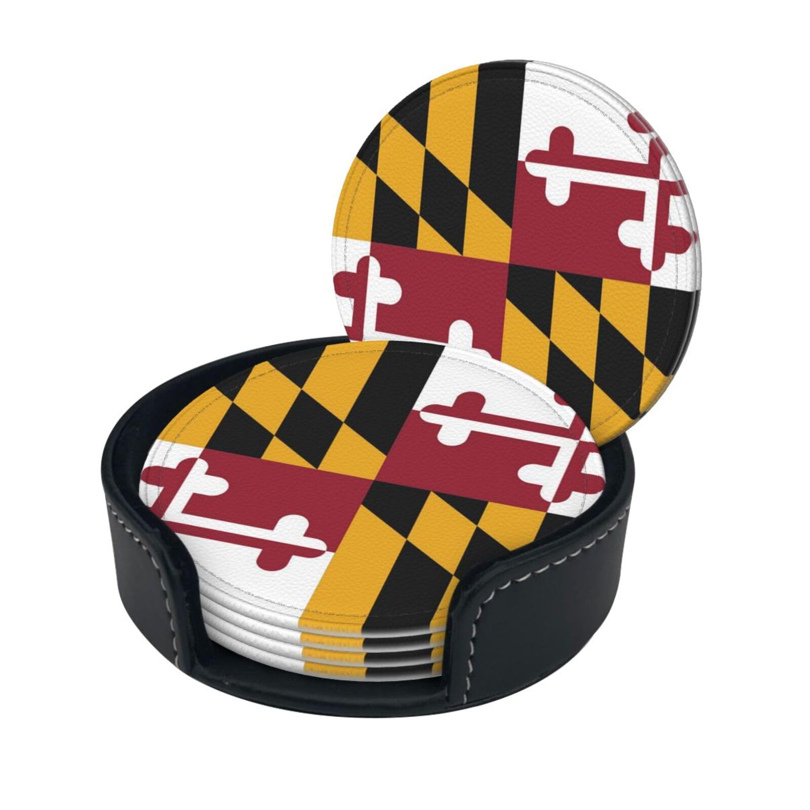 Flag of Maryland Drink Coasters Set of 6 with Holder Decorative Round Cup Coasters for Coffee Table Kitchen Office Bar