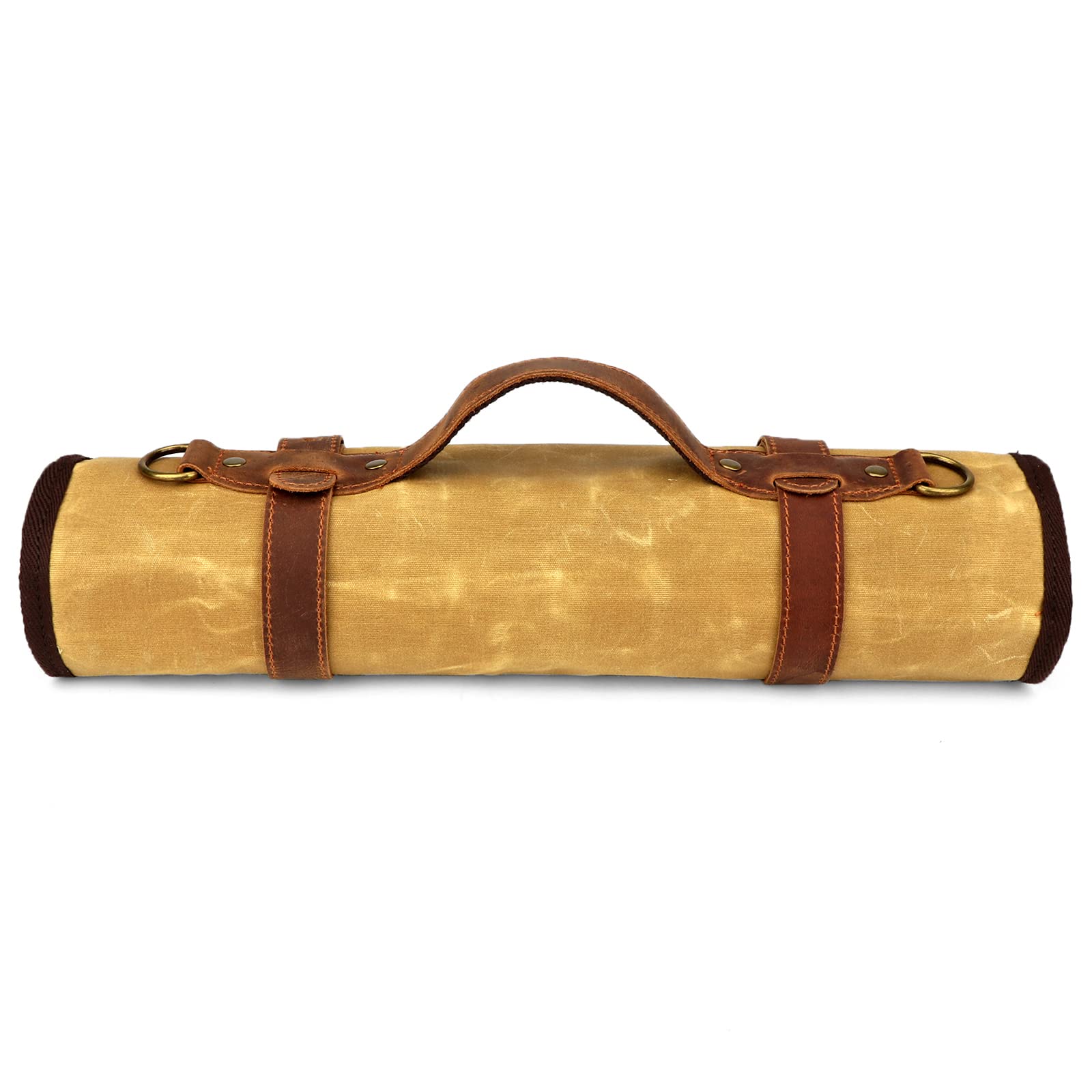 TOURBON - Bolsa enrollable para cuchillos de chef, 12 ranuras, lona encerada y cuero, organizador portátil de herramientas de cocina, Brown, 65*39.5cm (unfold), Organizador de bolsas