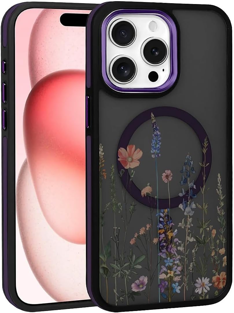 Case for iPhone 15 Pro Max, Compatible with Magsafe, Full Camera Protection Translucent Matte, Girls Women Shockproof Protective Magnetic Cover - Water Colored Wildflower