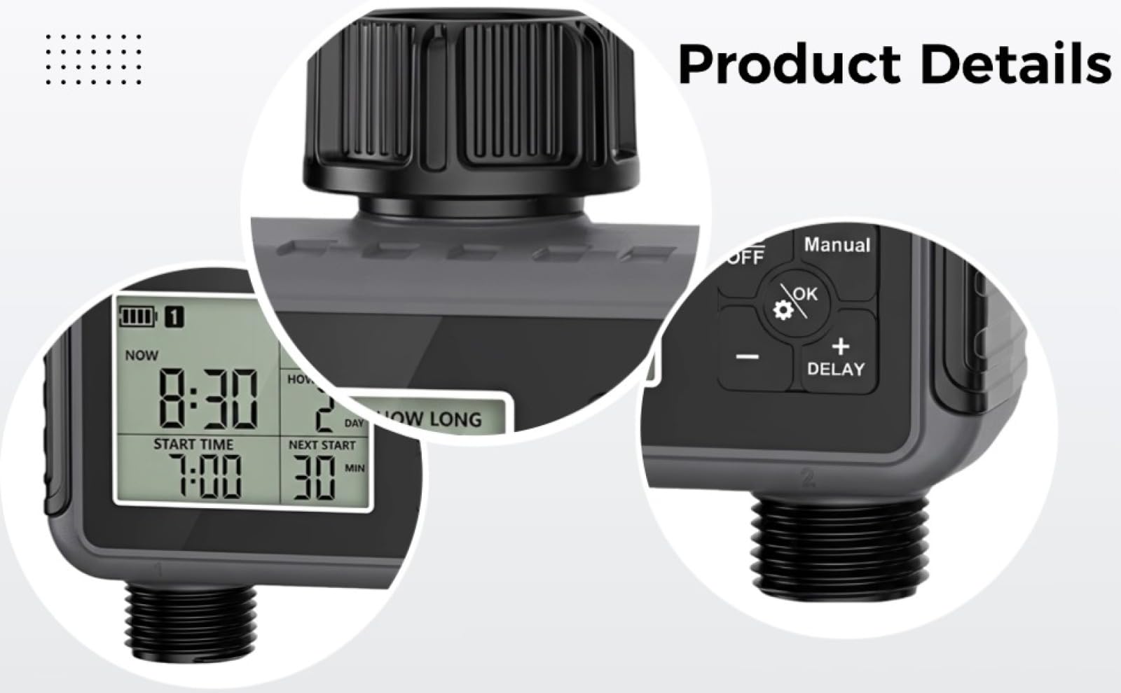 Timer intelligente per irrigazione a doppia uscita, con display LCD, durata da 1 a 360 minuti, timer per tubo dell'acqua ABS, 2 uscite con ritardo della pioggia, avvio e arresto automatici