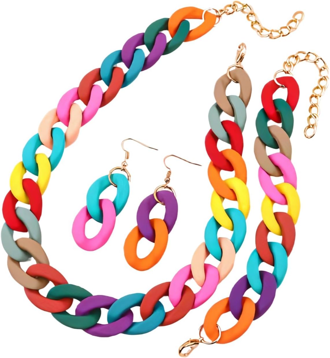 Fuqimanman2020 3 PCS Macaron Chunky Jewelry Set Acrylic Exaggerate Necklace Bracelet Geometric Statement Earring Cuban Link Chain Collar Necklace 80S Costume Party Jewelry image 5