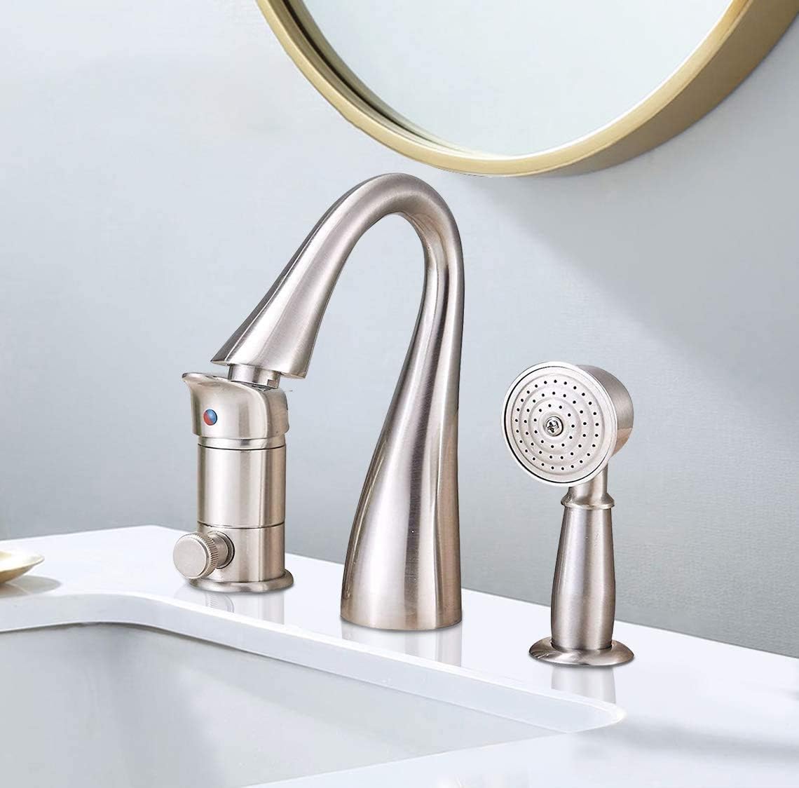 Suреr Sаlе 🛒 Saeuwtowy Brass Bathtub Faucet/Tap Waterfall 3 Holes Shower and Bathtub Faucet Brushed Nickel Bathtub Faucet Set Single Knobs with Handheld Shower Bathtub Faucet and Shower Set