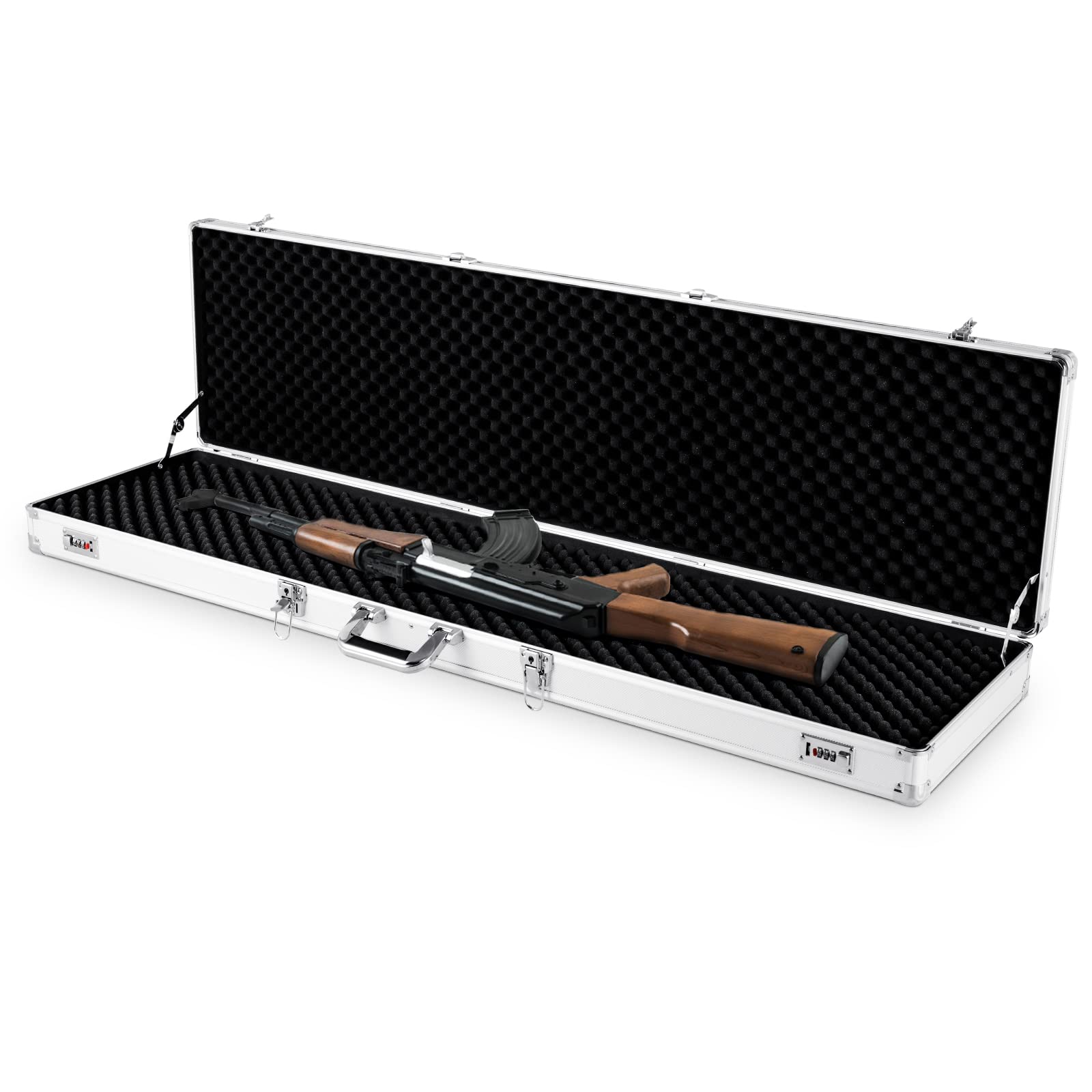 GYMAX Custodia Dura per Fucili e Pistole, Valigetta di Trasporto del Fucile con Maniglia Comoda, Custodia per Fucili in Alluminio con Fodera Interna di Spugna, 134 x 35 x 12 cm (Argento)