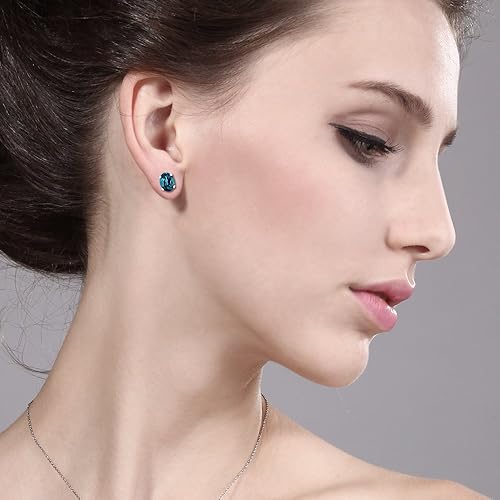 Miniatura 5 de Gem Stone King Aretes de oro blanco de 14 quilates con topacio azul Londres para mujeres y hombres