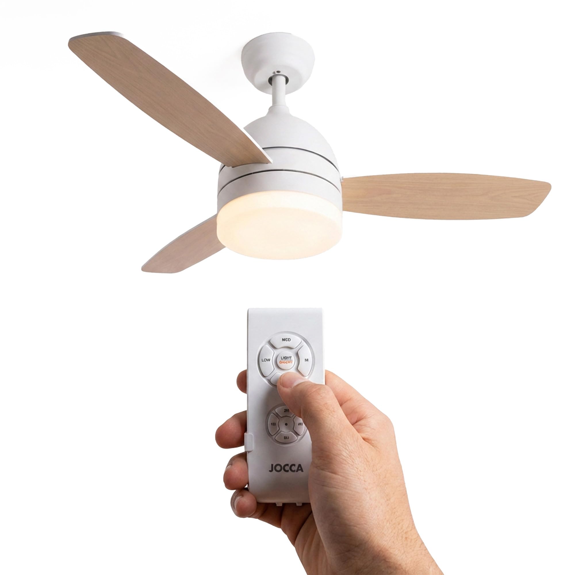 Jocca - Ventilador Techo con Luz LED Regulable| Ventilador Blanco Imitacion Madera Natural| Mando a Distancia| 3 Velocidades| 70W| Temporizador| Diámetro 106cm|