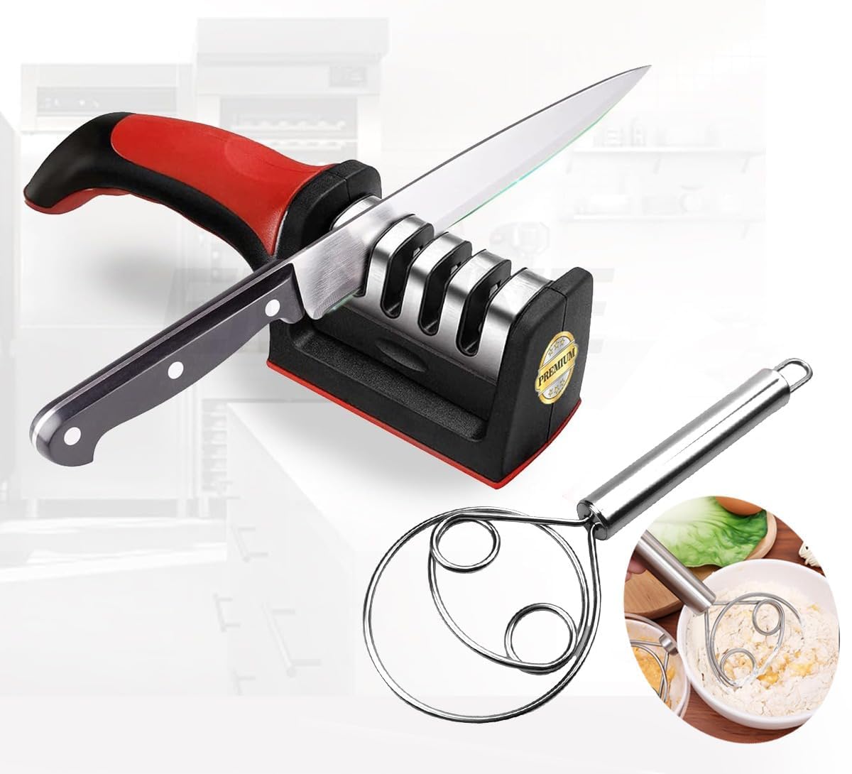 Kitchen Knife Sharpener | Free Stainless Steel Dough Whisk | 3-Stage Sharpening Tool | Ergonomic Handle, Removable Grinding Head, Sharpen with Ease | Sharpen All Types of Knifes (B0DBG3YXKN) Amazon Price History, Amazon Price Tracker