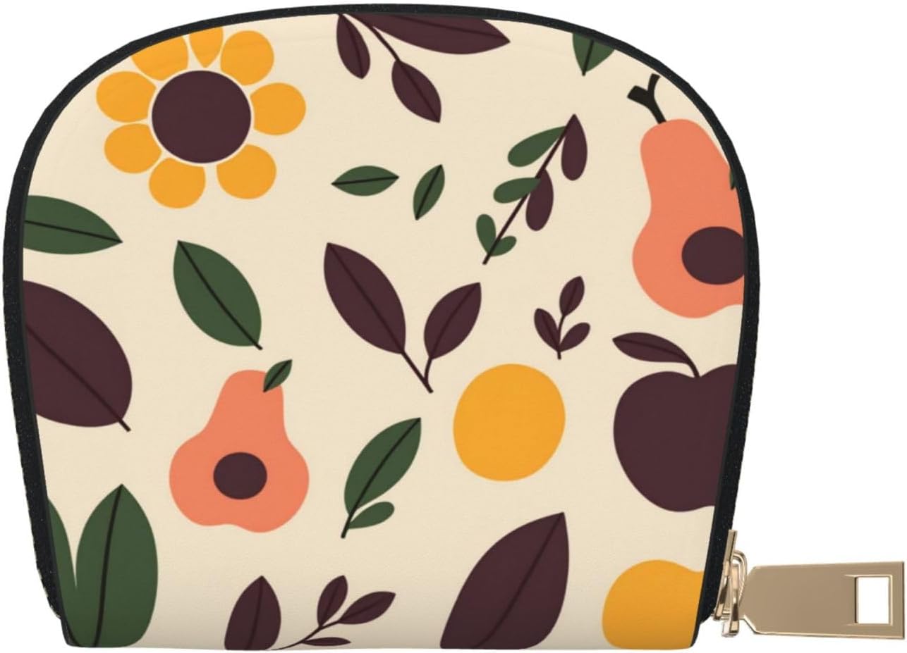 Aesthetic Botanical Design Floral Fruit RFID Blocking Semi Circle Card Holder PU Leather Zipper Wallet Pouch Keychain Bag for Women Men, Slim Small Credit Card Case Organizer with 12 Slots